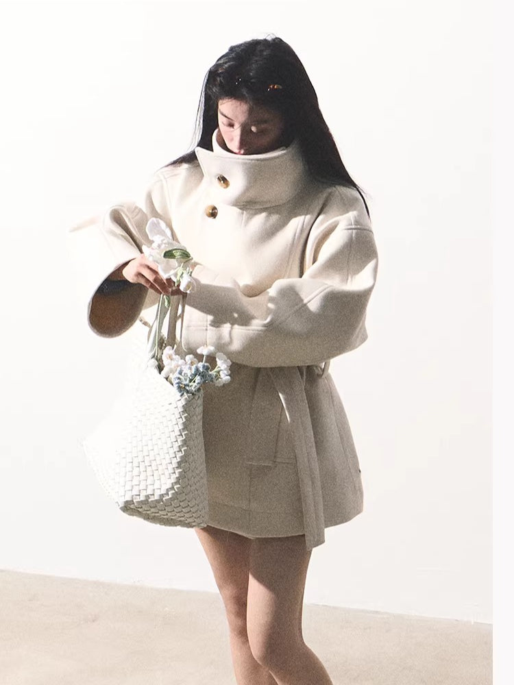 Stand-Collar Wool Short Coat