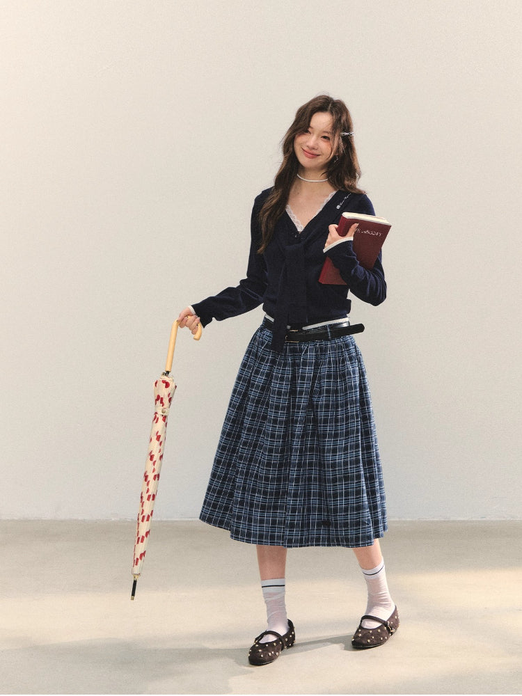 High-Waist Belted Plaid Umbrella Skirt