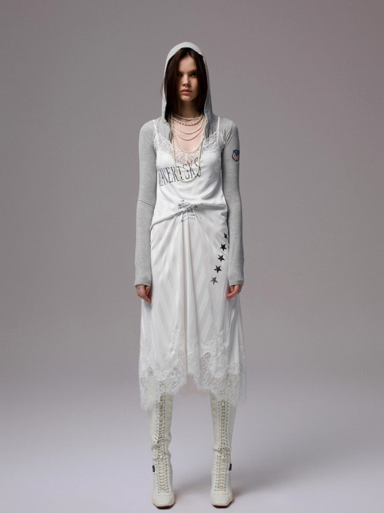 Letter-printed Spliced Lace Camisole Dress