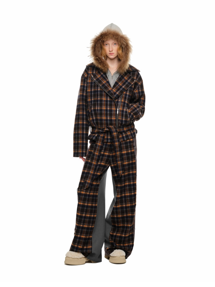 Plaid Color-Block Double-Waist Wide-Leg Pants - CHINASQUAD