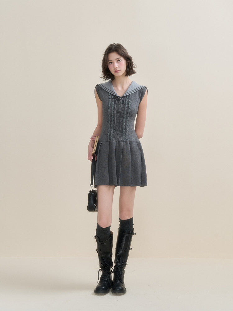 Navy Collar Lace Knit Dress - CHINASQUAD