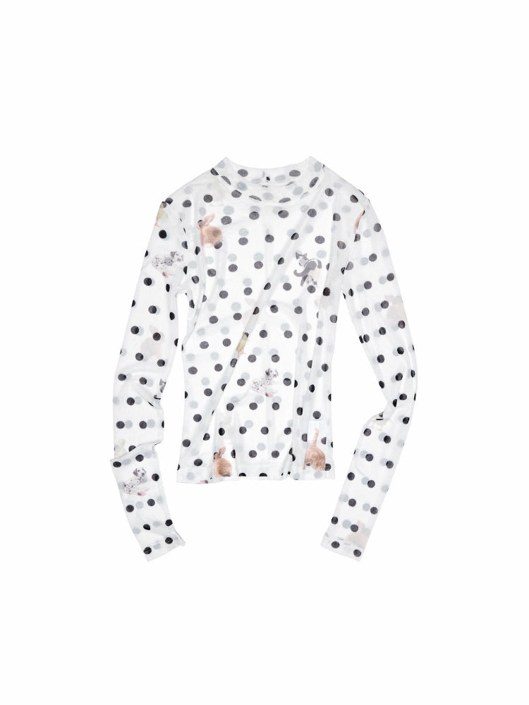 Polka Dot Pet Print Mock Neck T-Shirt