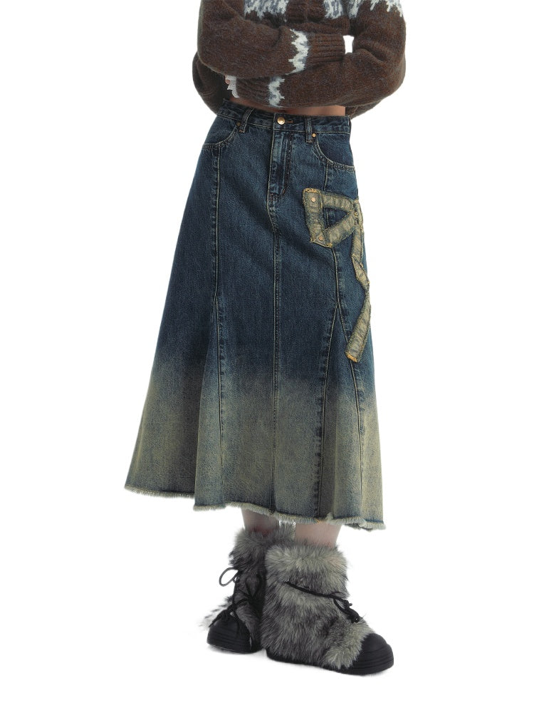 Gradient Frayed Bow Denim Skirt - CHINASQUAD