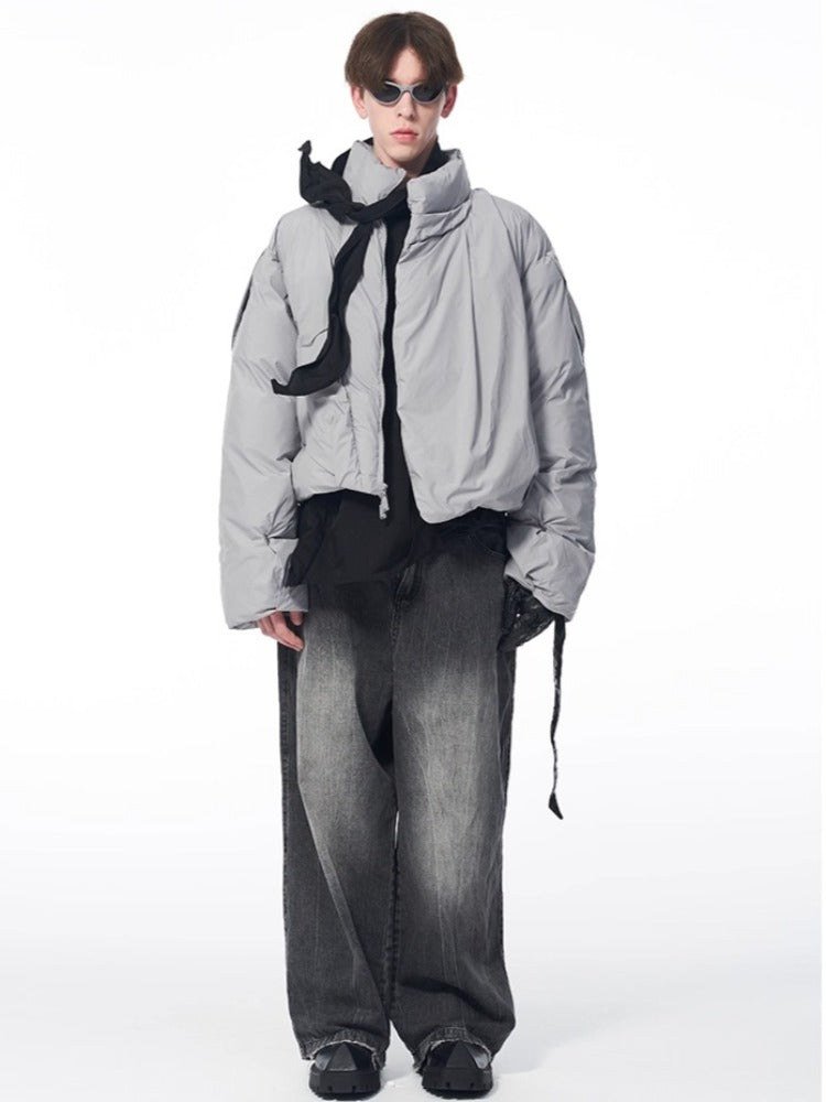 B7 Pleated Logo Printed Cropped Puffer Jacket - CHINASQUAD