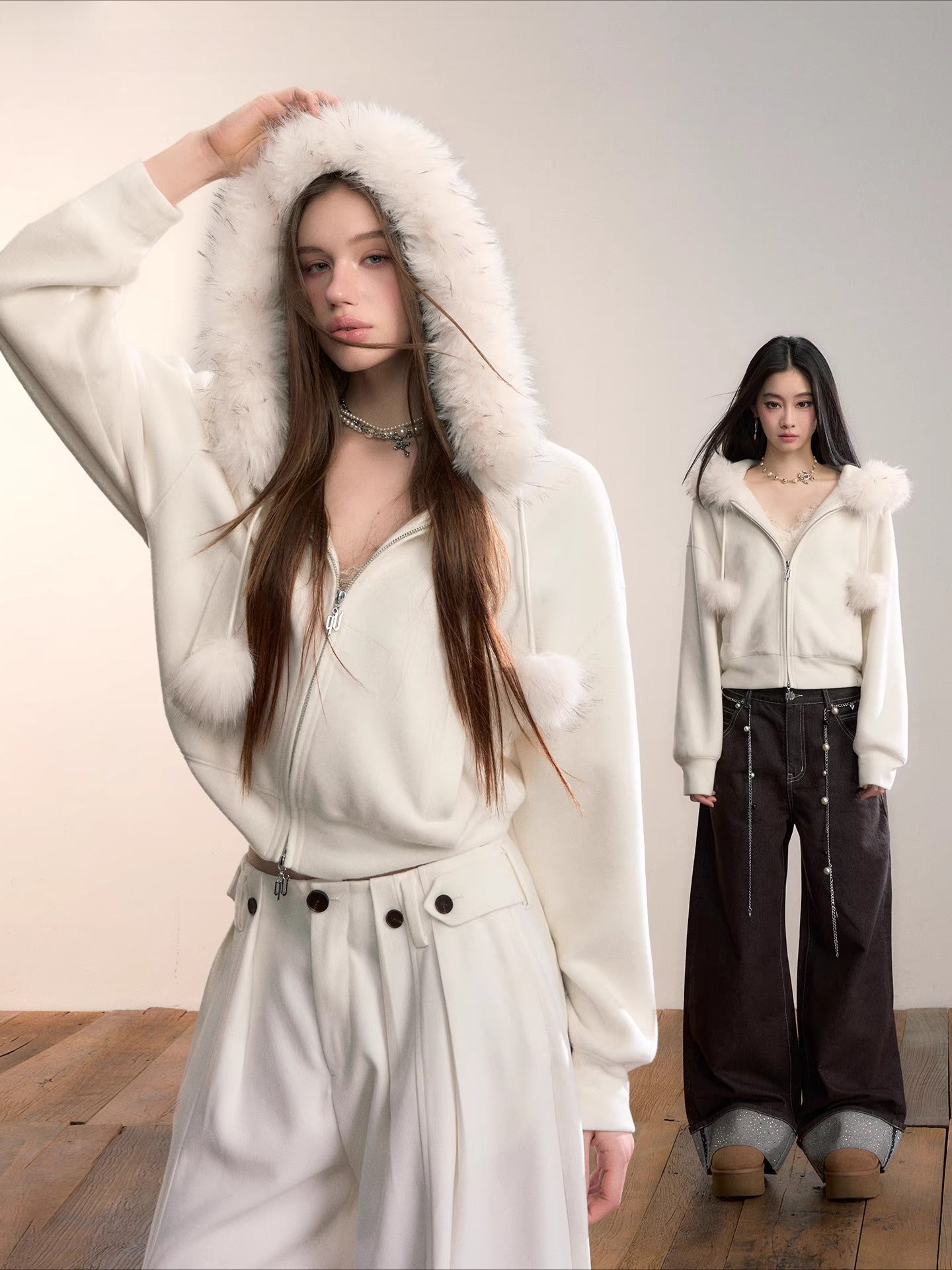 Faux Fur Collar Wool-Blend Fleece Jacket