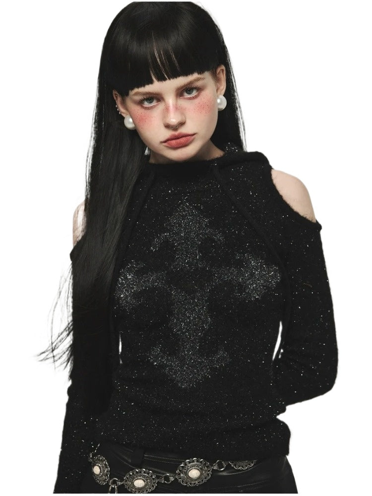 Mohair Off-Shoulder Knit Hoodie - CHINASQUAD