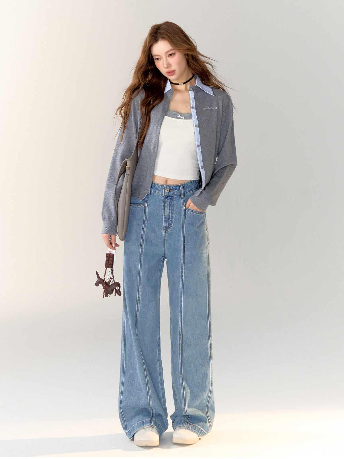 Stripe Patchwork Dark Grey Knitted Cardigan - CHINASQUAD