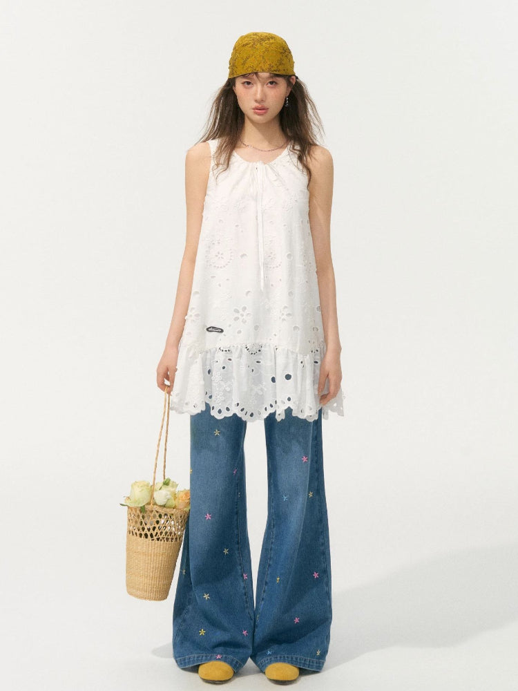 Embroidered High-Waisted Wide-Leg Pants - CHINASQUAD