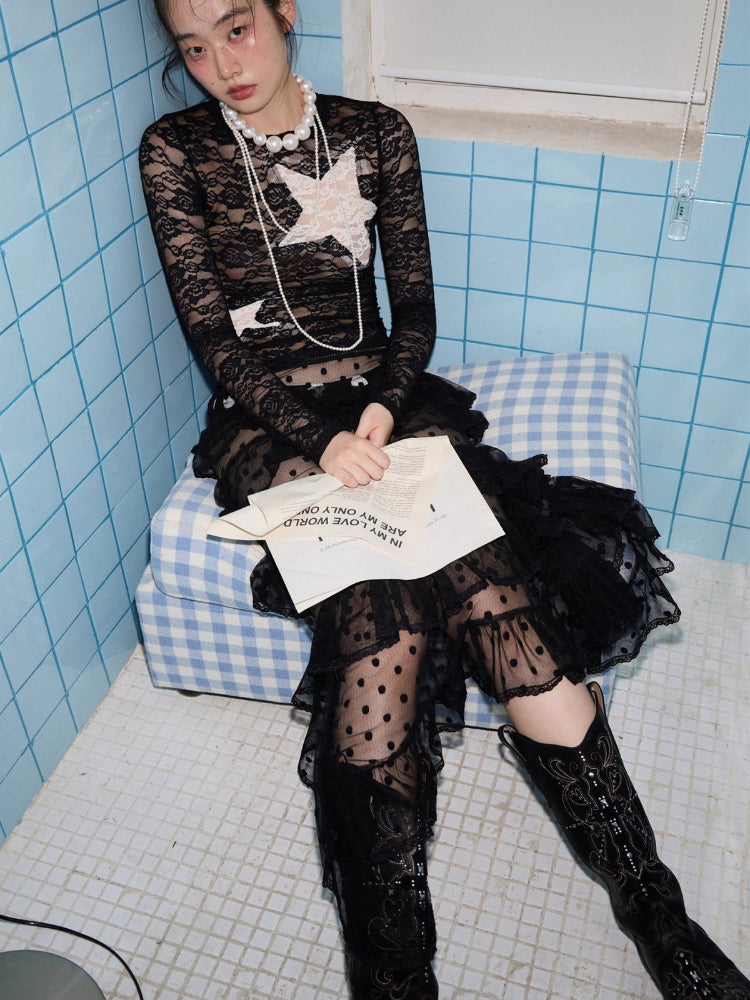 Irregular Dot Lace Mesh Skirt