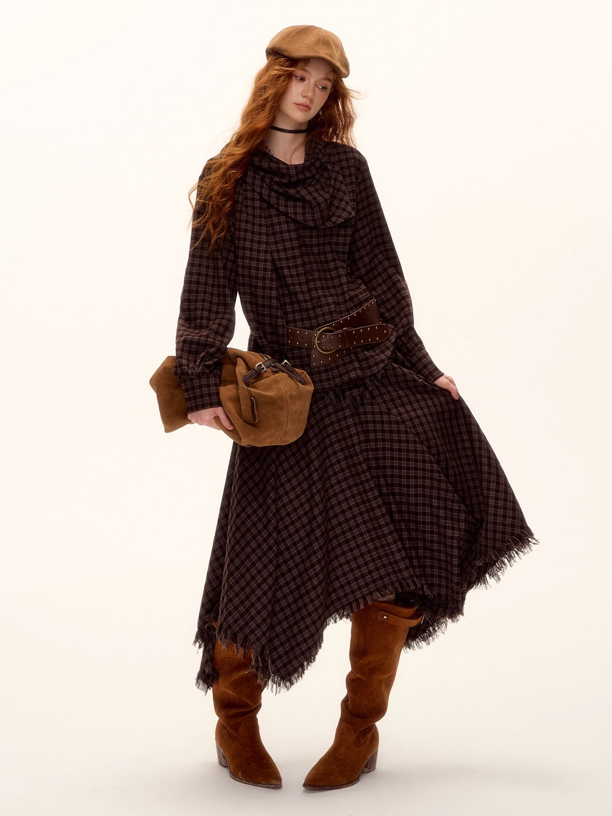 Vintage Plaid Beaded Tie-Scarf Shirt