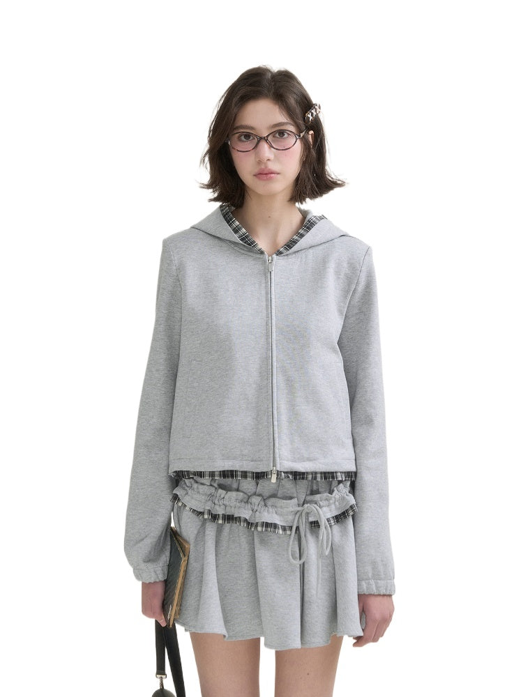 Gray Plaid Spliced Hoodie & Skirt Set - CHINASQUAD