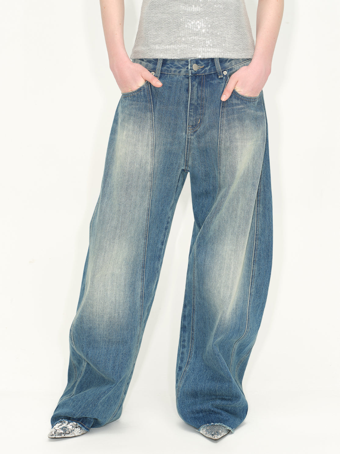 Wash Deconstructed Curved Denim Pants - CHINASQUAD