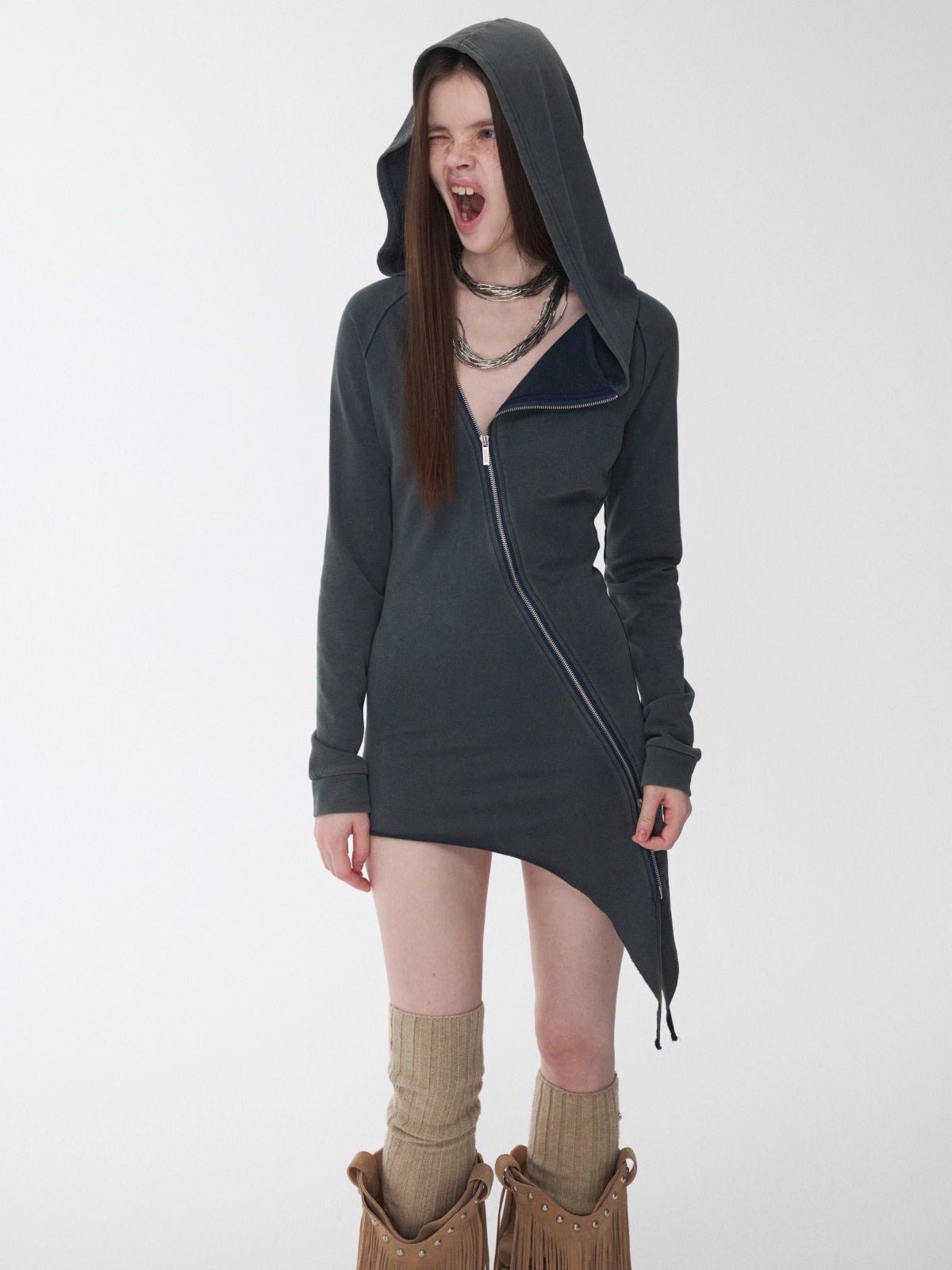 Washed Rhinestone Studded Deconstructed Hoodie Dress - CHINASQUAD