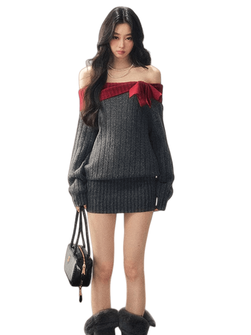 AOMALM Off-Shoulder American-Style Knit Mini Dress Gray / L AOMALM Off-Shoulder American-Style Knit Mini Dress Gray / L