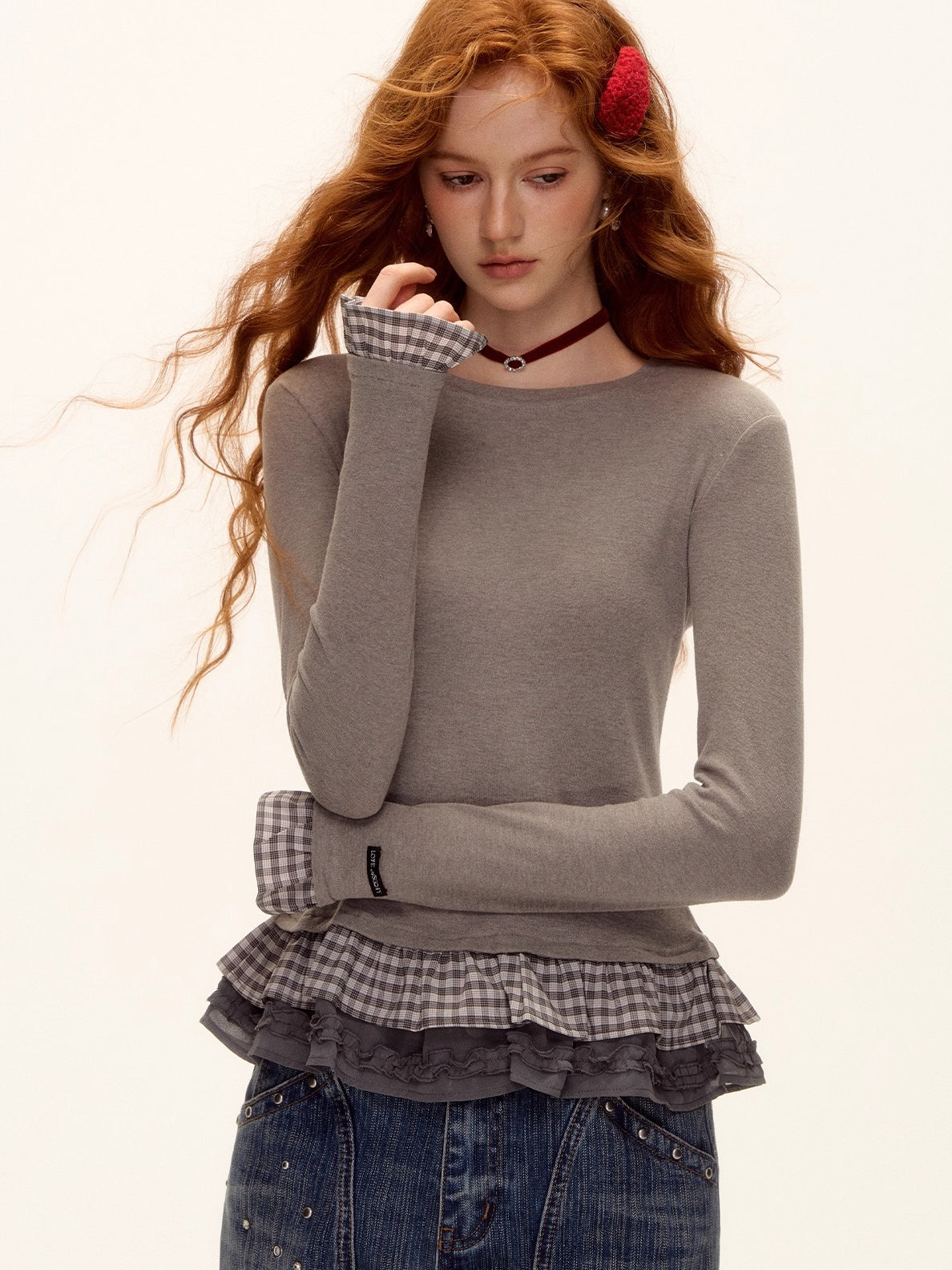 Tencel Wool Plaid Patchwork T-Shirt