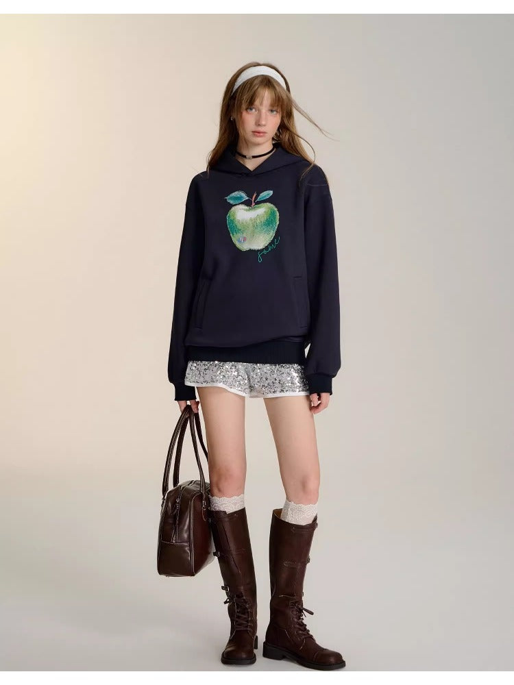 Light Gray & Navy Blue Green Apple Print Hoodie - CHINASQUAD