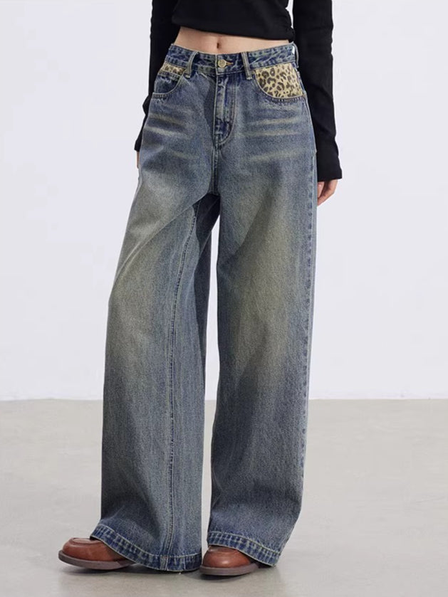 Leopard-Print Panelled Wide-Leg Denim Pants
