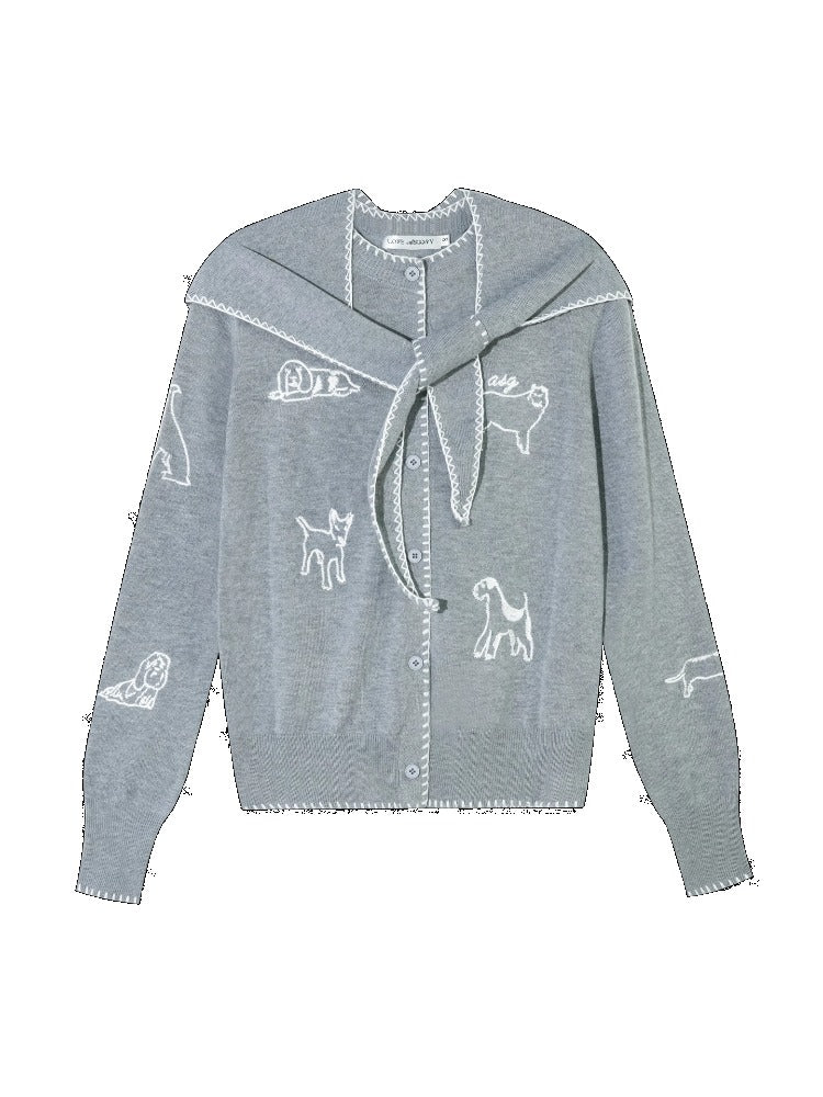 Puppy Embroidered Trim Hooded Knit Sweater - CHINASQUAD