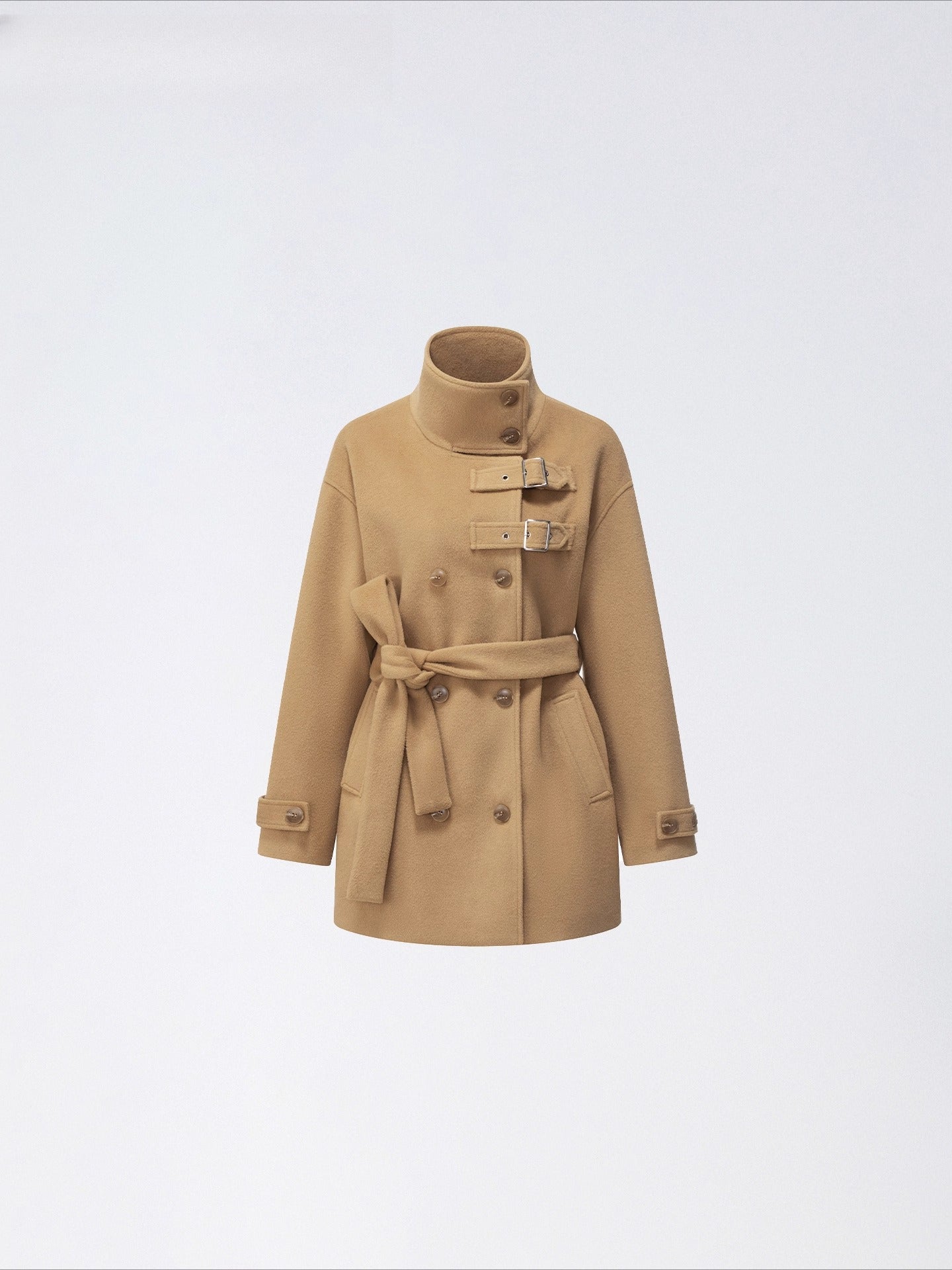Double-Breasted Wool Blend Stand-Collar Coat