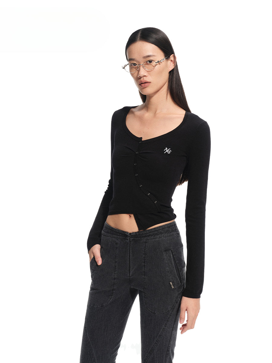 Silk Wool Embroidered Asymmetric Bottoming Blouse - CHINASQUAD