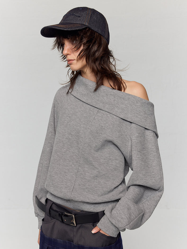 Grey Asymmetric Off-Shoulder Loose Sweatshirt - CHINASQUAD