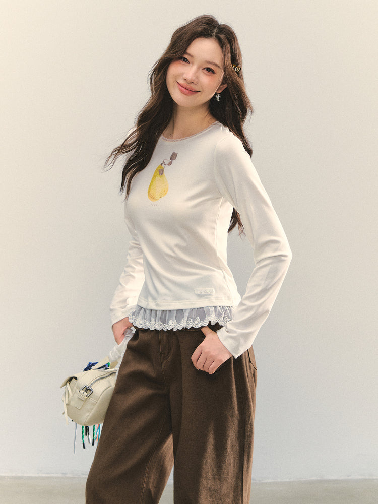Fruit Print Lace-spliced T-Shirt - CHINASQUAD