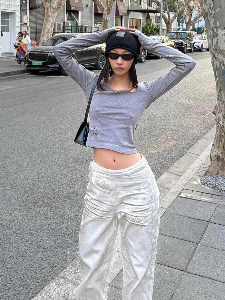 Side-Placket White Denim Jeans