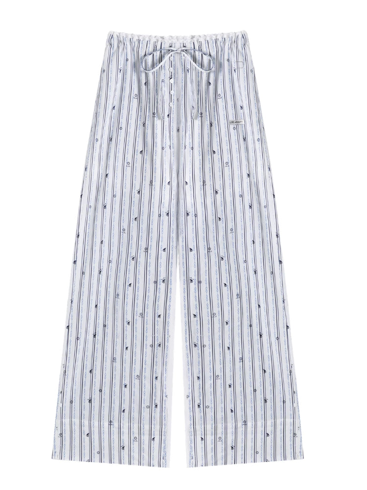 Striped Print Patchwork Embroidery Lace Straight Pants - CHINASQUAD