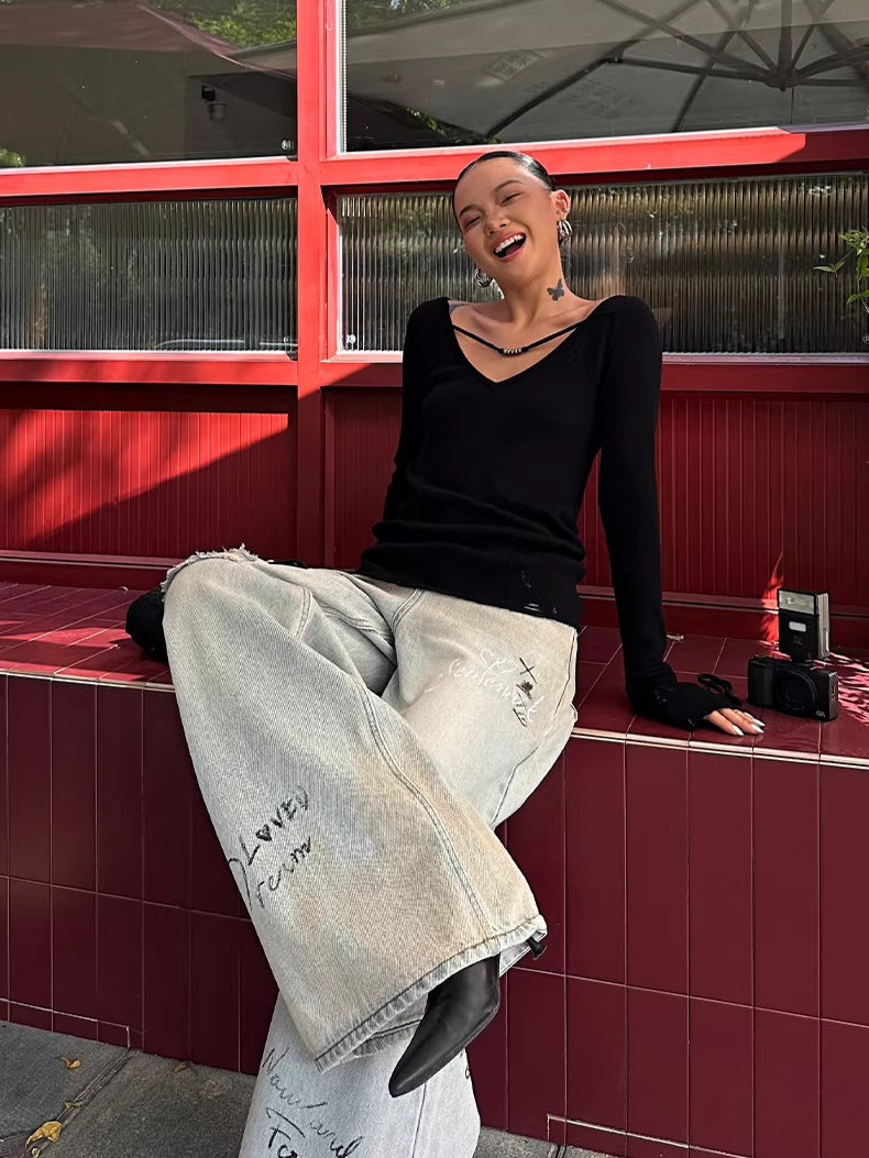 Graffiti Spray-Wash Wide-Leg Denim Jeans