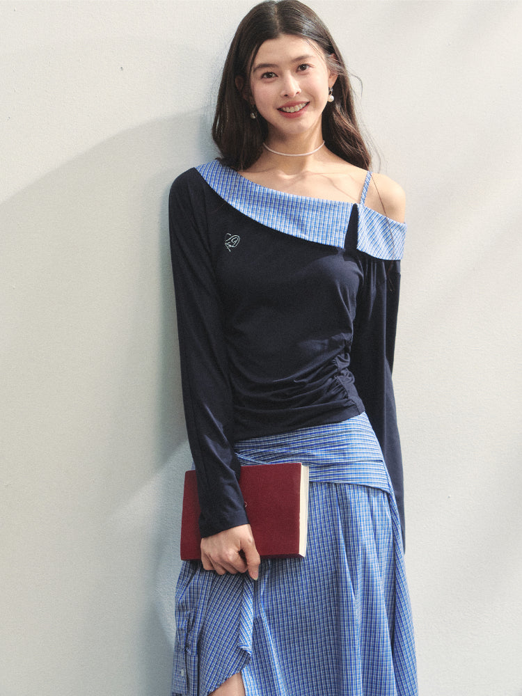 Plaid Spliced One-Shoulder Contrast Long-Sleeve Top & Skirt Set - CHINASQUAD