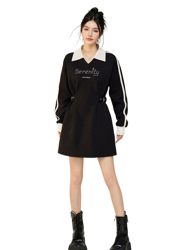 Color-Blocked Waist Cinching Polo V-neck Sweatshirt Dress - CHINASQUAD