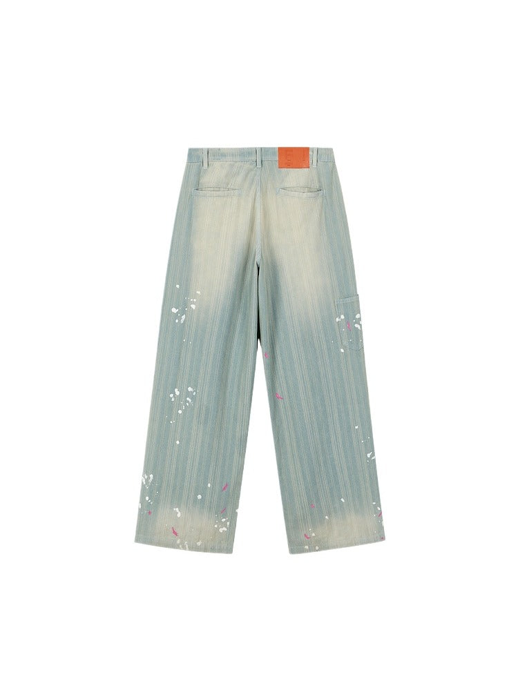 Splattered Wash Stripe Texture Workwear Denim Pants - CHINASQUAD