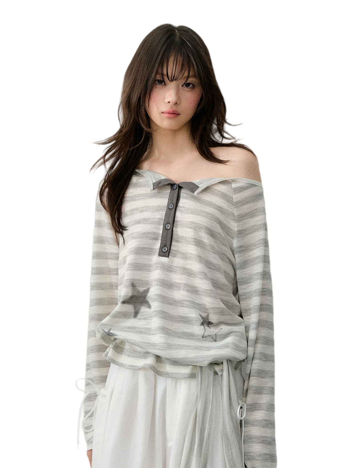 Star Print Off-Shoulder Striped Relaxed Knit Blouse