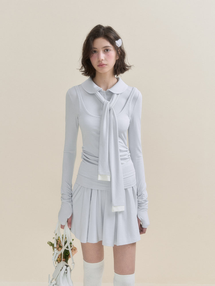 White & Blue Collared Knit Top & Skirt Set - CHINASQUAD