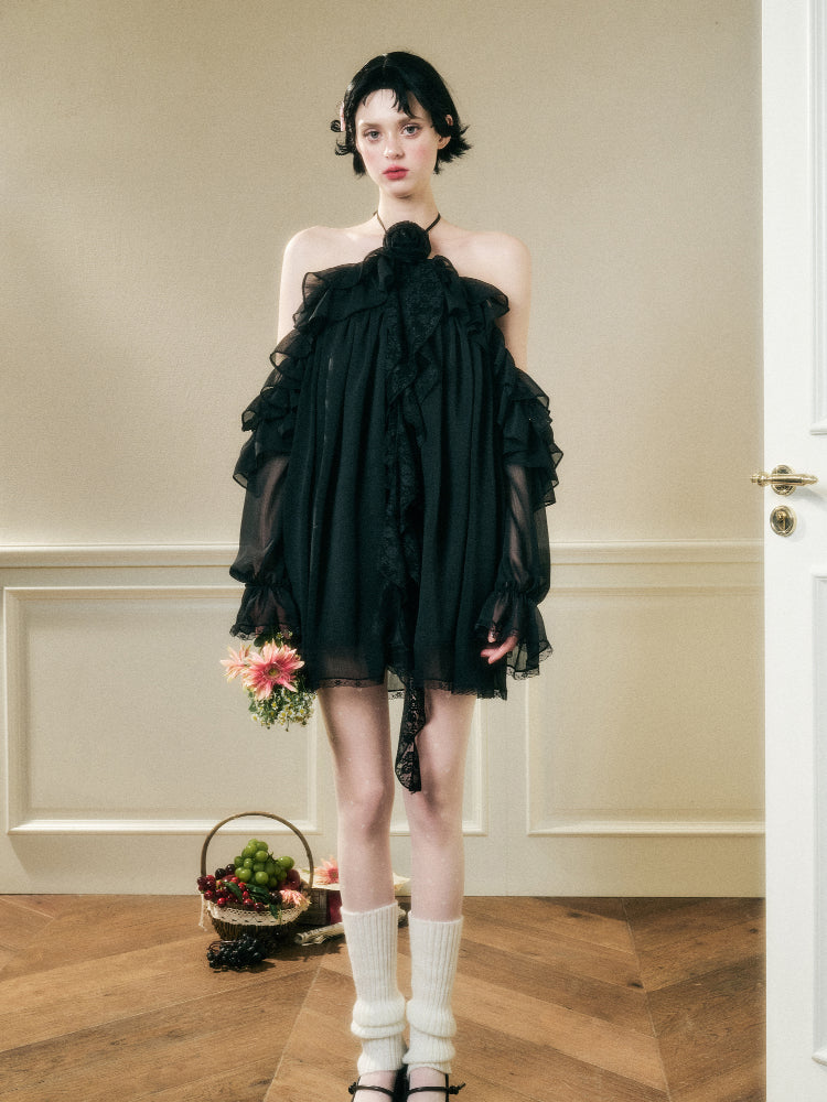 Halter Neck Off-Shoulder Ribbon Dress - CHINASQUAD