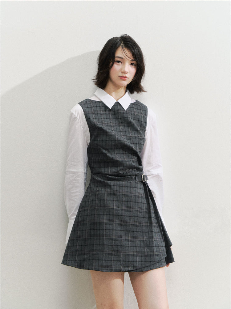 Fake Two-piece Checked Shirt Dress - CHINASQUAD