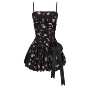 Dream French Floral Bow Waist Puff Dress