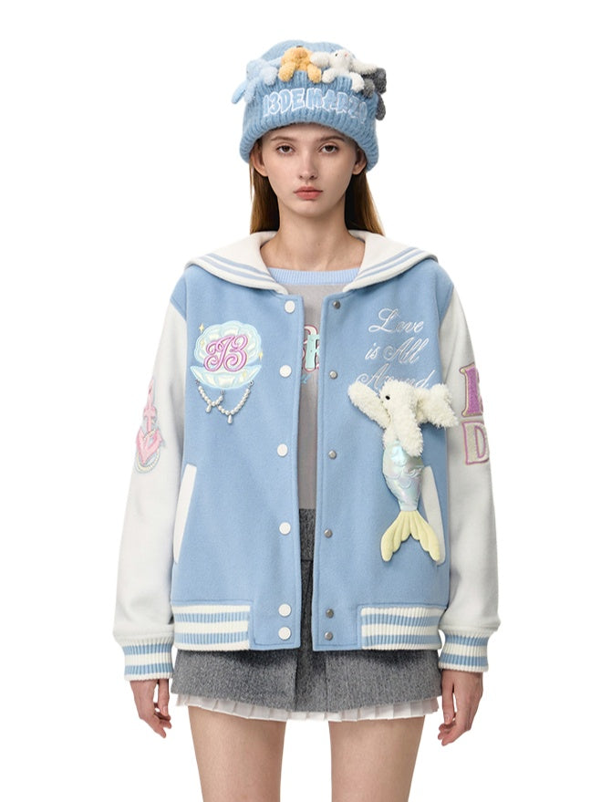 Blue & Gray Mermaid Baseball Jacket - CHINASQUAD