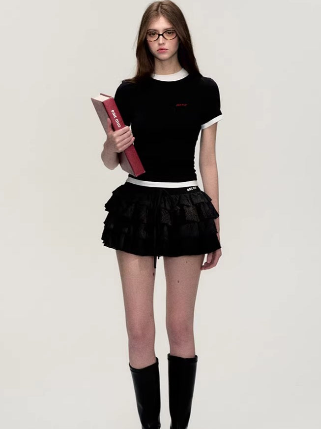 Embroidered Tiered Puff Mini Skirt