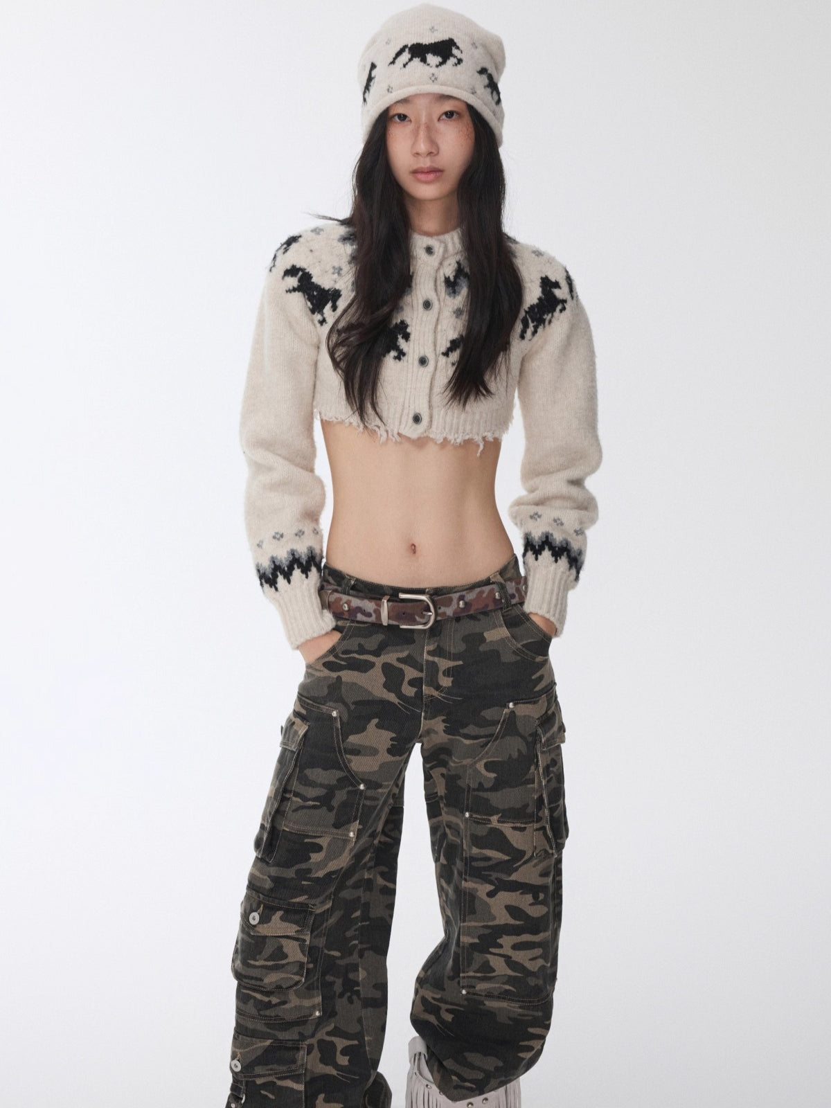 Fair Isle Pony Jacquard Knit Short Cardigan & Shorts Set