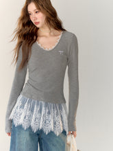 Lace-Trimmed Gray V-Neck Long Sleeve Top - CHINASQUAD
