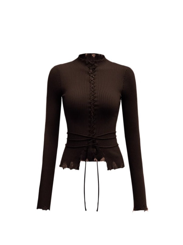 Lace-Up Ribbed Turtleneck - CHINASQUAD