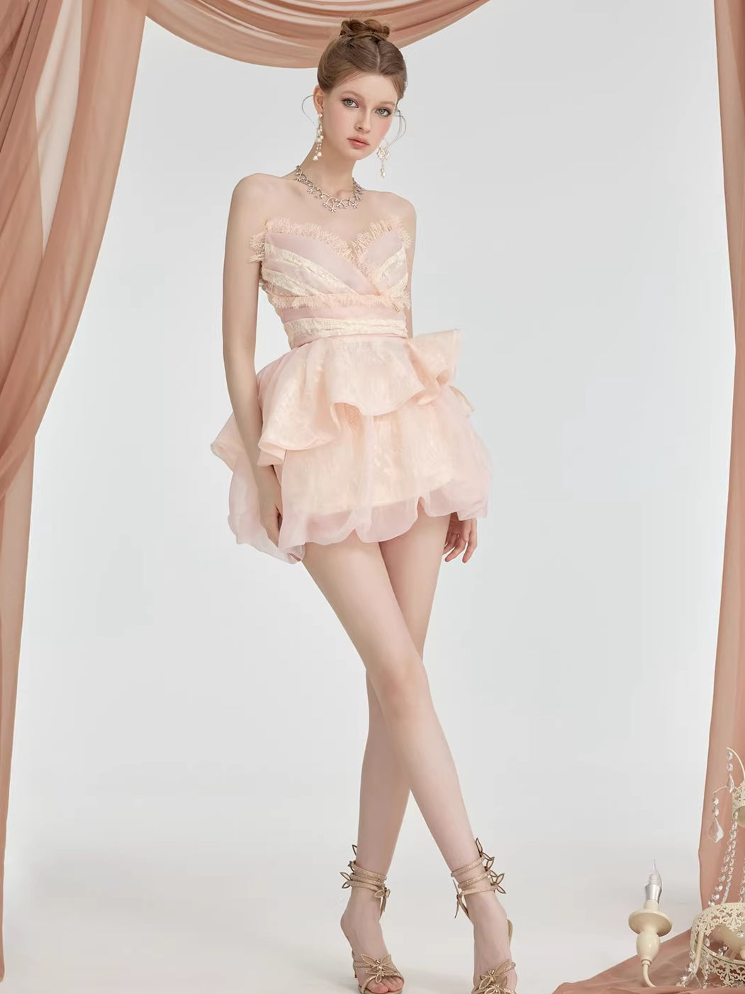 Puff Skirt & V-Neck Bandeau Two-Piece Set