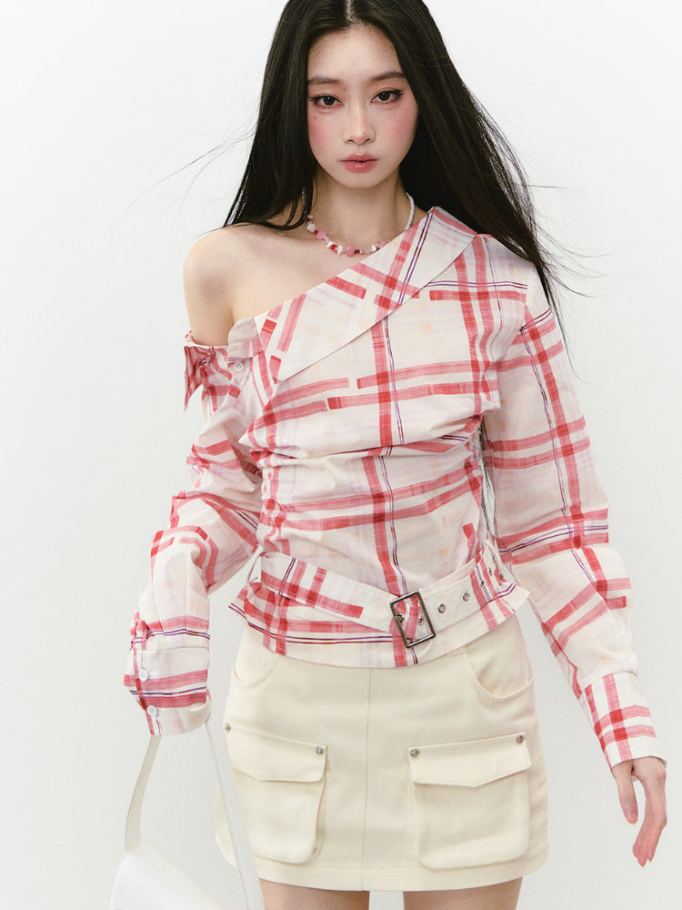 Off-Shoulder Pleated Waist Belt Short Shirt - CHINASQUAD