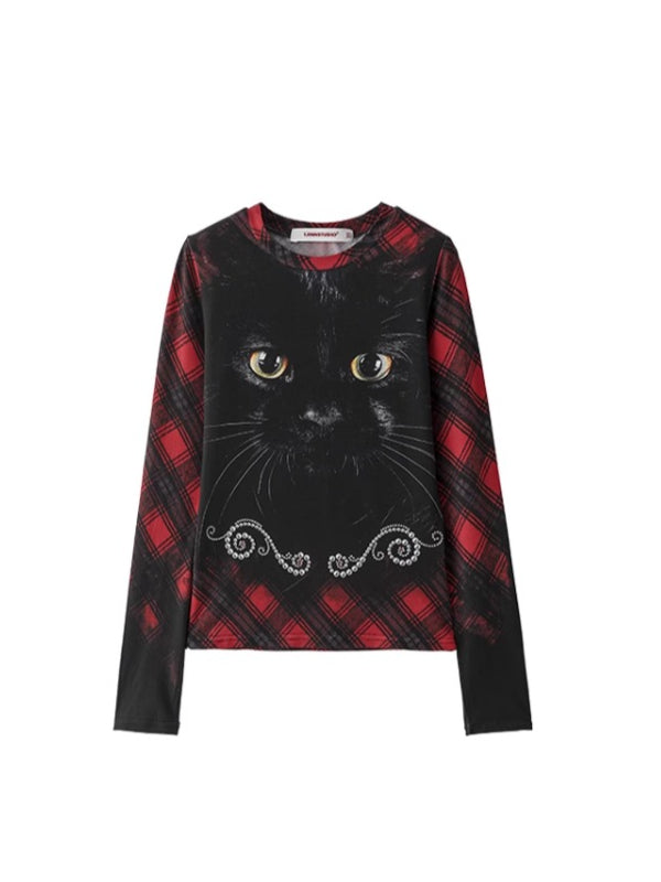 Cat Print Long-Sleeve Crewneck T-Shirt - CHINASQUAD