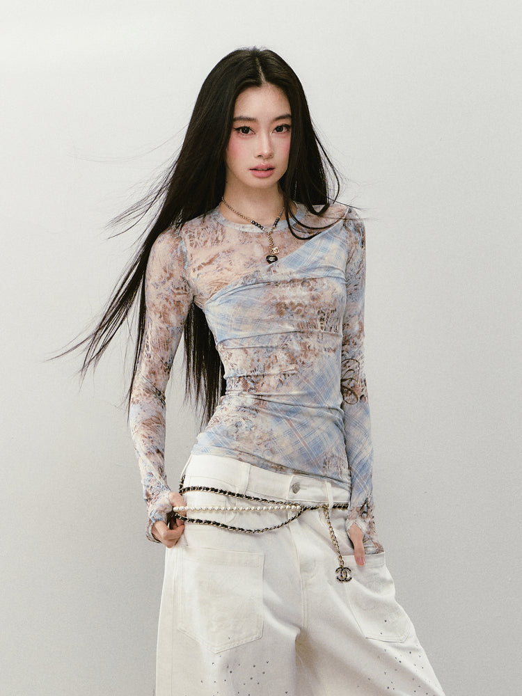 Printed Mesh Contrast-colored Long-sleeve T-shirt - CHINASQUAD