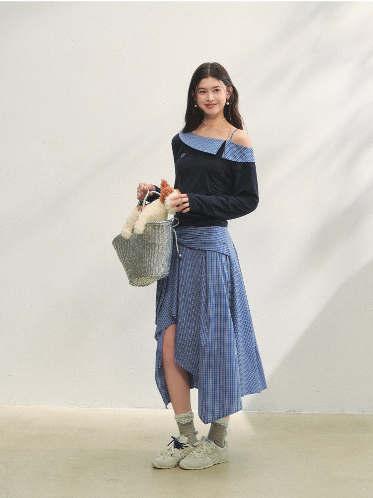 Plaid Spliced One-Shoulder Contrast Long-Sleeve Top & Skirt Set - CHINASQUAD