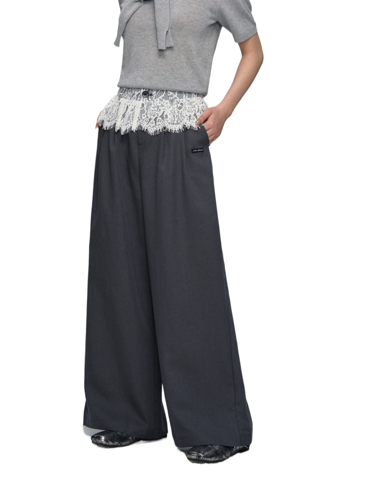Waistband Lace-spliced Faux Two-piece Long Pants