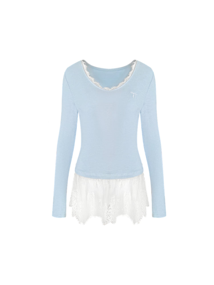 Lace-Trimmed Gray V-Neck Long Sleeve Top - CHINASQUAD