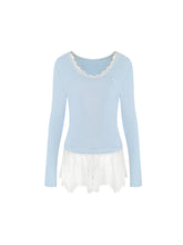 Lace-Trimmed Gray V-Neck Long Sleeve Top - CHINASQUAD